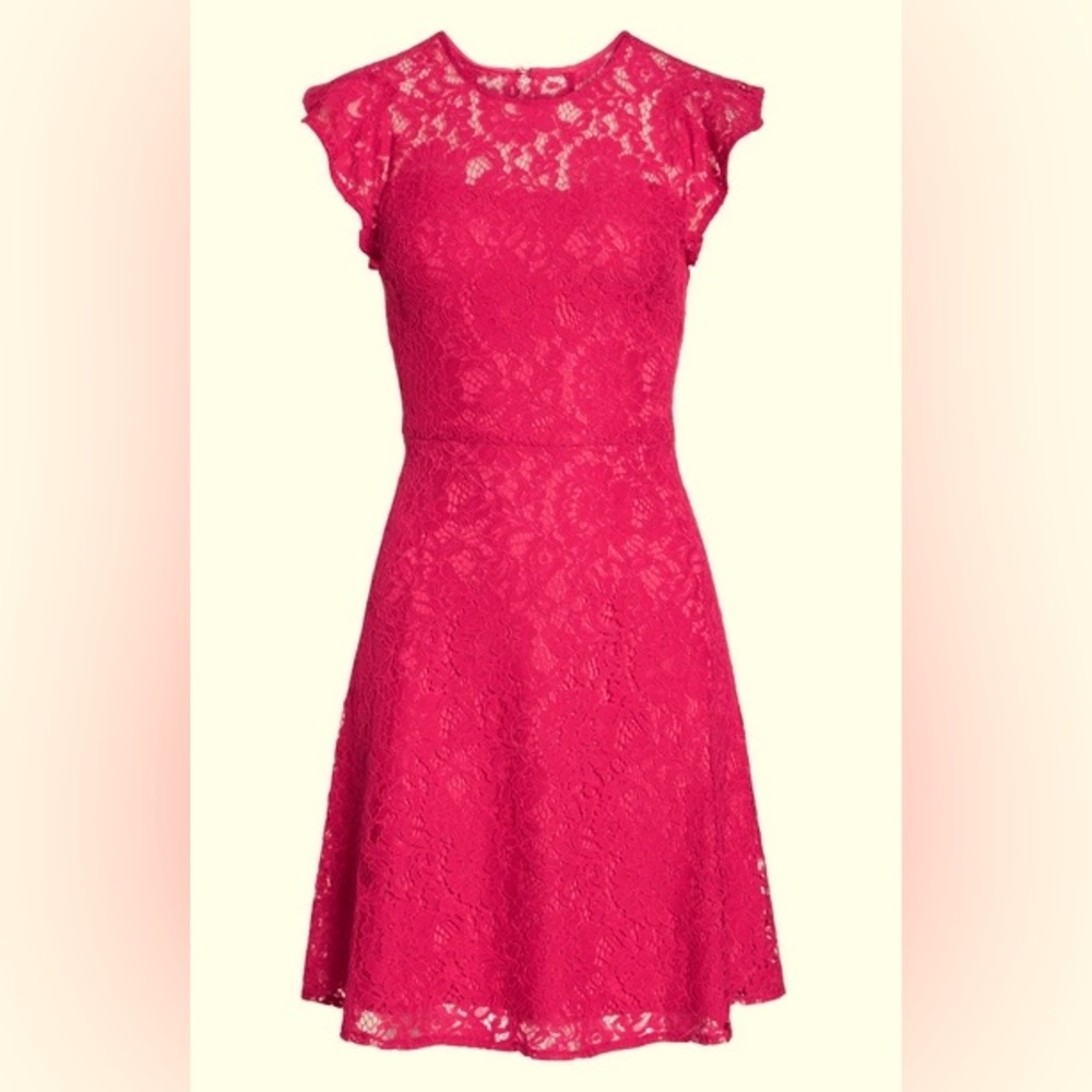 Eliza J LACE FIT & FLARE DRESS IN FUCHSIA
